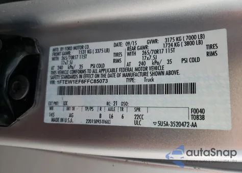 2015 Ford F150 Supercrew из США, поврежденный, VIN 1FTEW1EF6FFC85073